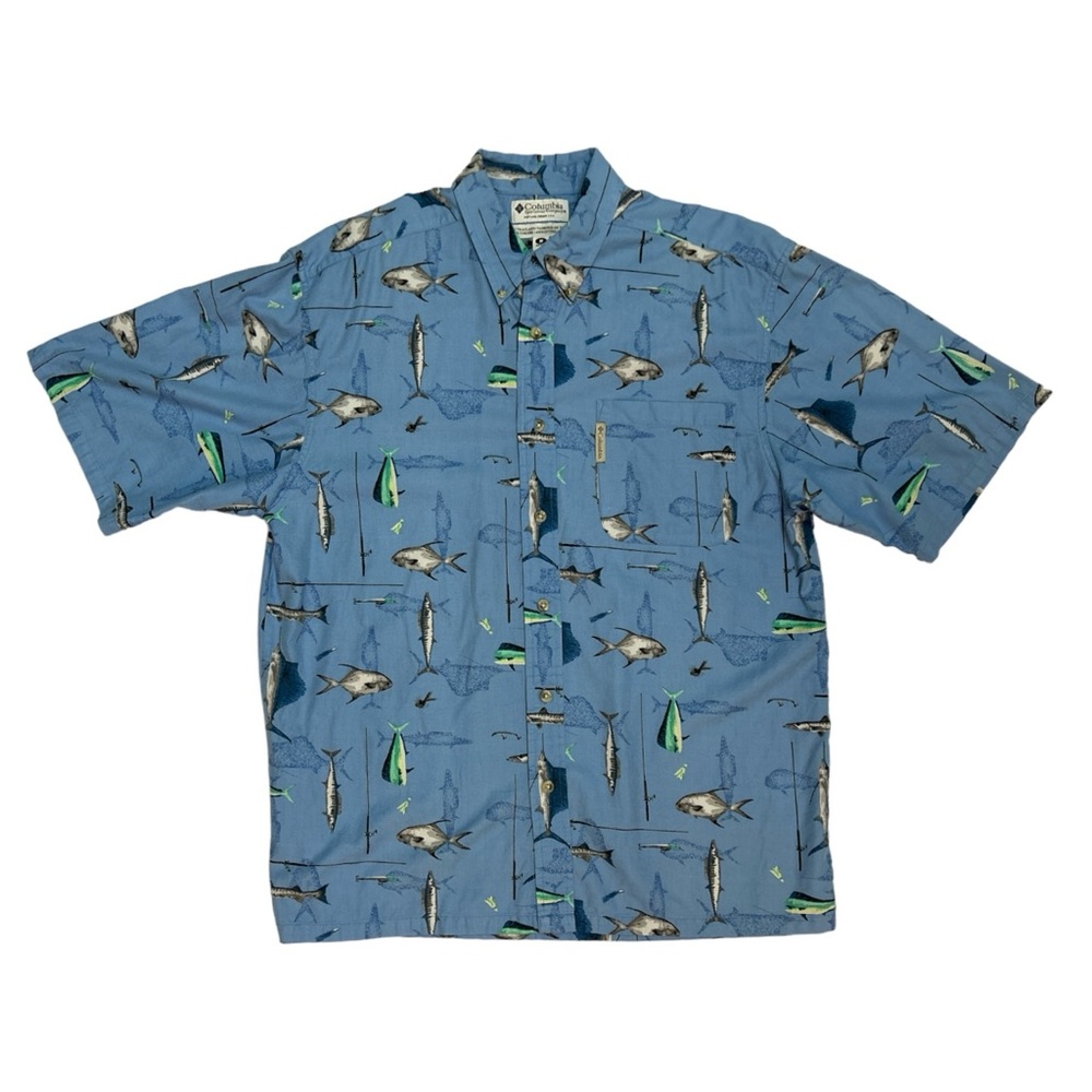 Columbia Men's Large Shirt Button Up Fishing Poles & Fish Vtg 2004 Classic GUC